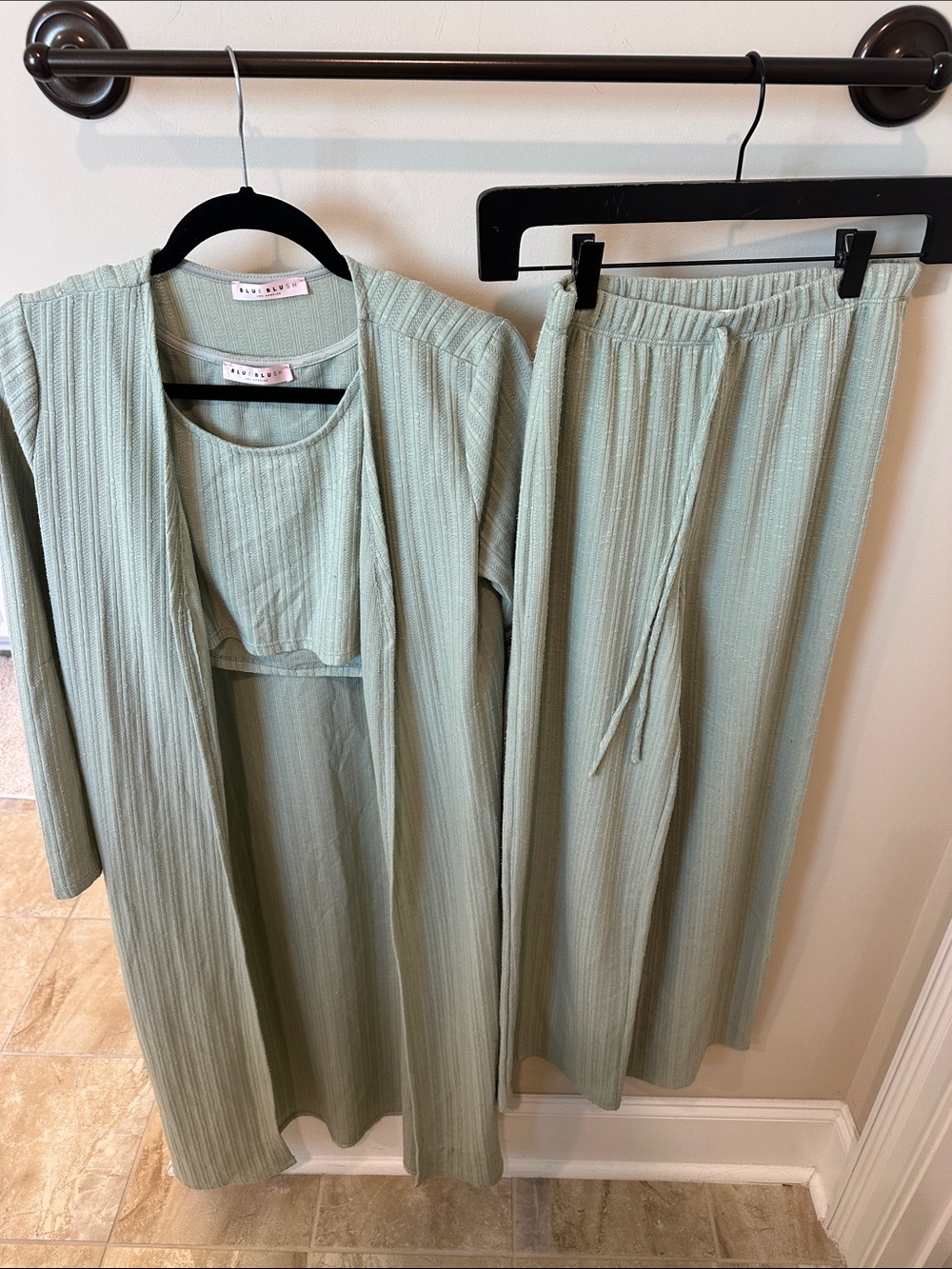 Blue Blush Sage Ribbed Crop Tank Top and Pant Set
